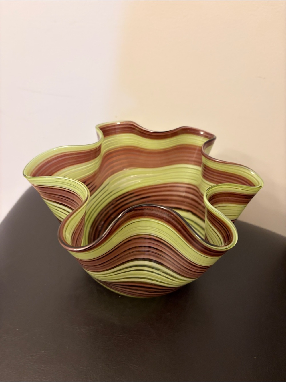 Handblown Striped Art Glass Bowl - Green and Brown